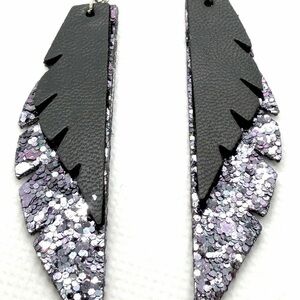 Handmade Black and Purple Glitter & Vegan Leather Feather Drop Earrings